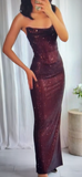 Ndyad Sheath Long Prom Dresses Sequin Brown Evening Dresses Elegant Strapless Wedding Guest Dresses HZ1024