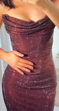 Ndyad Sheath Long Prom Dresses Sequin Brown Evening Dresses Elegant Strapless Wedding Guest Dresses HZ1024