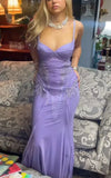 Ndyad Mermaid Long Prom Dresses Chiffon Purple Evening Dresses Elegant Spaghetti Strap Birthday Dresses HZ1024