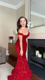 Ndyad Off-the-shoulder Mermaid Long Prom Dresses Sequin Red New Year's Eve Dresses HZ1024