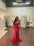 Ndyad Sweetheart Neck Mermaid Long Prom Dresses Satin Applique Beading Red New Year's Evening Dresses HZ1024