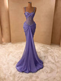 Ndyad Spaghetti Strap Mermaid Long Prom Dresses Chiffon Beaded Lavender New Year's Eve Dresses HZ1024
