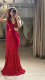 Ndyad Two-Piece Mermaid Long Prom Dresses Sequin Red New Year's Eve Dresses HZ1024