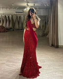 Ndyad Two-Piece Mermaid Long Prom Dresses Sequin Red New Year's Eve Dresses HZ1024