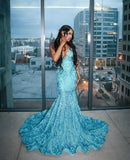 Ndyad Sweetheart Neck Mermaid Long Prom Dresses Satin Applique Blue New Year's Eve Dresses HZ1024