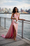 Ndyad Sweetheart Neck Sheath Long Prom Dresses Satin Sequin Pink New Year Evening Dresses HZ1024