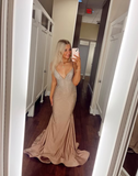 Ndyad Spaghetti Strap Sheath Long Prom Dresses Satin Champagne Wedding Guest Dresses HZ1024
