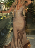 Ndyad Spaghetti Strap Sheath Long Prom Dresses Satin Champagne Wedding Guest Dresses HZ1024