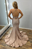 Ndyad Spaghetti Strap Sheath Long Prom Dresses Satin Champagne Wedding Guest Dresses HZ1024