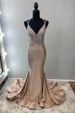 Ndyad Spaghetti Strap Sheath Long Prom Dresses Satin Champagne Wedding Guest Dresses HZ1024