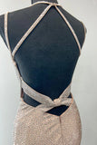 Ndyad Spaghetti Strap Sheath Long Prom Dresses Satin Champagne Wedding Guest Dresses HZ1024