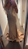 Ndyad Spaghetti Strap Sheath Long Prom Dresses Satin Champagne Wedding Guest Dresses HZ1024