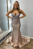 Ndyad Spaghetti Strap Sheath Long Prom Dresses Satin Champagne Wedding Guest Dresses HZ1024