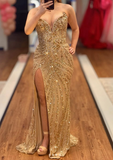 Ndyad V-neck Sheath Long Prom Dresses Gold Wedding Guest Dresses HZ1024