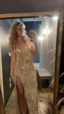 Ndyad V-neck Sheath Long Prom Dresses Gold Wedding Guest Dresses HZ1024