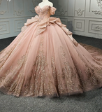 Ndyad Off-the-Shoulder Ball Gown Tulle Long Prom Dresses Applique Blush Pink Quinceanera Dresses Sweet 16 Dresses HZ1024