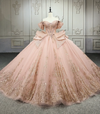 Ndyad Off-the-Shoulder Ball Gown Tulle Long Prom Dresses Applique Blush Pink Quinceanera Dresses Sweet 16 Dresses HZ1024