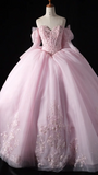 Ndyad Off-the-Shoulder Ball Gown Tulle Long Prom Dresses Beaded Applique Pink Quinceanera Dresses Sweet 16 Dresses HZ1024