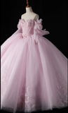 Ndyad Off-the-Shoulder Ball Gown Tulle Long Prom Dresses Beaded Applique Pink Quinceanera Dresses Sweet 16 Dresses HZ1024