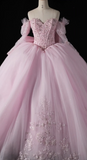 Ndyad Off-the-Shoulder Ball Gown Tulle Long Prom Dresses Beaded Applique Pink Quinceanera Dresses Sweet 16 Dresses HZ1024