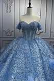 Ndyad Off-the-shoulder Ball Gown Tulle Long Prom Dresses Beaded Applique Blue Quinceanera Dresses Sweet 16 Dresses HZ1024