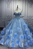 Ndyad Off-the-shoulder Ball Gown Tulle Long Prom Dresses Beaded Applique Blue Quinceanera Dresses Sweet 16 Dresses HZ1024