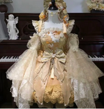 Ndyad Lace Strap Ball Gown Applique Birthday Evening Dress Yellow Long Sleeve Short Lolita Dresses HZ1024