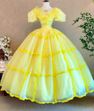 Ndyad Short Sleeve Ball Gown Tulle Long Prom Dresses Flower Yellow Quinceanera Dresses Sweet 16 Dresses HZ1024