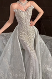 Ndyad Strapless Mermaid Train Wedding Dresses Beaded Tulle Bridal Gowns Applique Sleeveless Bridal Dresses HZ1024