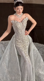 Ndyad Strapless Mermaid Train Wedding Dresses Beaded Tulle Bridal Gowns Applique Sleeveless Bridal Dresses HZ1024