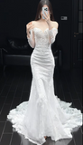 Ndyad Off-the-shoulder Mermaid Wedding Dresses with Train Beading Lace White Bridal Gowns Applique Long Sleeve Bridal Dresses HZ1024