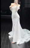 Ndyad Off-the-shoulder Mermaid Wedding Dresses with Train Beading Lace White Bridal Gowns Applique Long Sleeve Bridal Dresses HZ1024