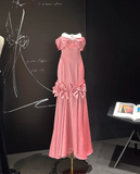 Ndyad Off-the-shoulder Sheath Long Prom Dresses Satin Pink Evening Dresses Cute Birthday Dresses HZ1024