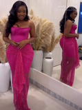 Ndyad Sheath Long Prom Dresses Satin Fuchsia Evening Dresses Strapless Birthday Dresses HZ1024