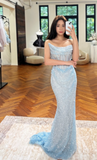 Ndyad Mermaid Long Prom Dresses Sequin Tulle Light Blue Evening Dresses Strapless Birthday Dresses HZ1024