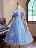 Evafashion Sweetheart Neck Off Shoulder Blue Short Prom Dress with Beads HZ1024
