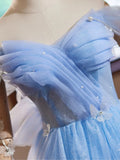 Evafashion Sweetheart Neck Off Shoulder Blue Short Prom Dress with Beads HZ1024