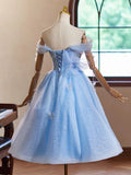 Evafashion Sweetheart Neck Off Shoulder Blue Short Prom Dress with Beads HZ1024