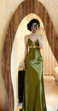 Ndyad V-neck Sheath Green Long Prom Dresses Satin Sleeveless Green Evening Dresses HZ1024