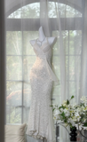 Ndyad Halter Sheath White Long Prom Dresses Chiffon Beaded White Evening Dresses Shiny Open Back Birthday Dresses HZ1024