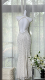Ndyad Halter Sheath White Long Prom Dresses Chiffon Beaded White Evening Dresses Shiny Open Back Birthday Dresses HZ1024