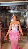 Ndyad Strapless Mermaid Pink Long Prom Dresses Beaded Applique Pink Evening Dresses HZ1024