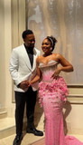 Ndyad Strapless Mermaid Pink Long Prom Dresses Beaded Applique Pink Evening Dresses HZ1024