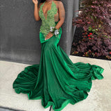 Ndyad Halter Mermaid Green Long Prom Dresses Velvet Green Evening Dresses HZ1024