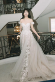 Ndyad Off-the-shoulder A-Line Long Wedding Dresses Tulle Applique Sleeveless Bridal Gowns Ivory Bridal Dresses HZ1024