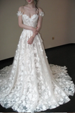 Ndyad Off-the-shoulder A-Line Long Wedding Dresses Tulle Applique Sleeveless Bridal Gowns Ivory Bridal Dresses HZ1024