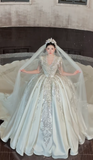Ndyad V-neck Ball Gown Long Wedding Dresses Short Sleeve Bridal Gowns Beaded Satin Bridal Dresses HZ1024