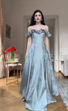 Ndyad Off-the-Shoulder A-Line Green Long Prom Dresses Printed Satin Long Birthday Dresses Green Evening Dresses HZ1024