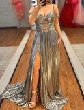 Ndyad Off-the-Shoulder Sheath Silver Long Prom Dresses Pleated Long Birthday Dresses Slit Silver Evening Dresses HZ1024