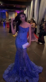 Ndyad Strapless Mermaid Royal Blue Long Prom Dresses Tulle Sequin Sleeveless Formal Dresses Royal Blue Birthday Dresses HZ1024
